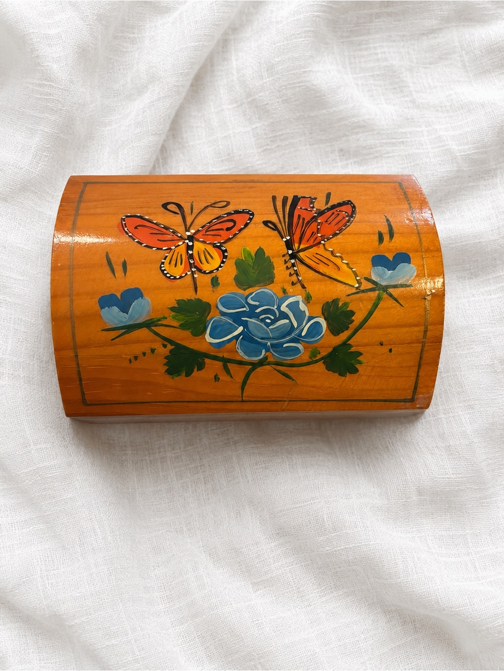 Hand-Painted Orange Wood Trinket Box with Blue Floral & Butterfly Design